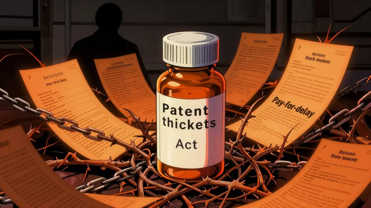 Anime depiction of a generic drug trapped in a web of patents and legal chains, symbolizing modern market barriers.