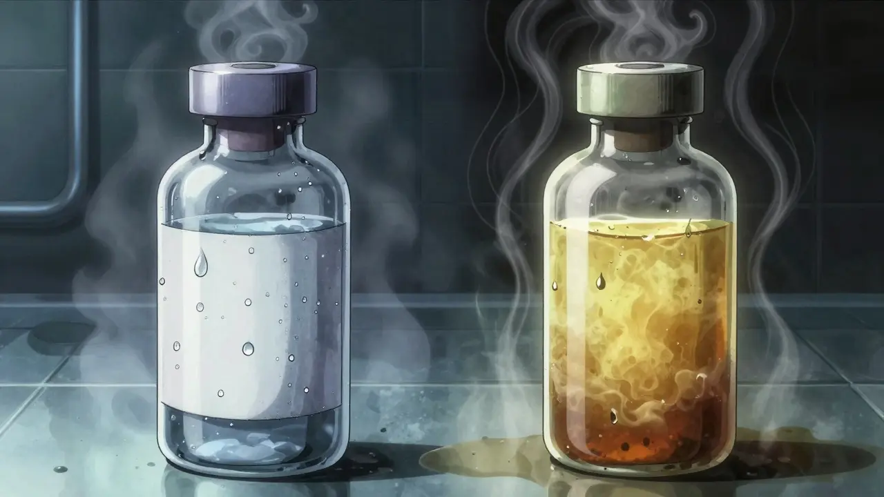 Cloudy, degraded liquid medicine in a humid bathroom setting