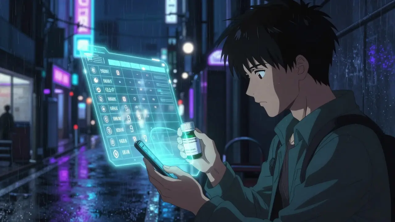 Cyberpunk anime scene of AR tech clarifying medication timing instructions