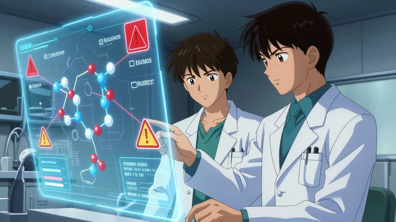 Doctor and pharmacist analyzing holographic drug interaction warnings