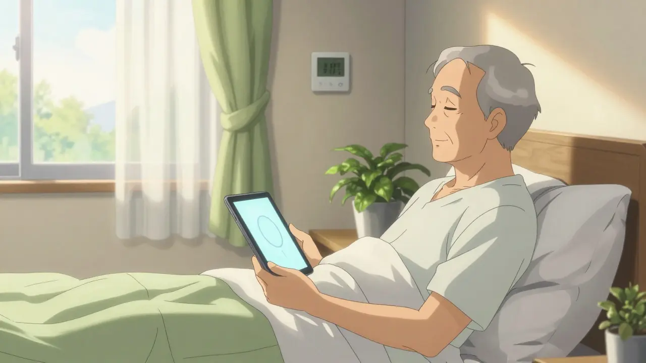 Elderly person resting peacefully in bright bedroom