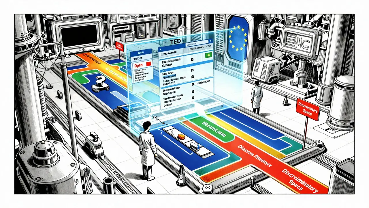 Futuristic digital interface showing different EU tender procedure pathways.