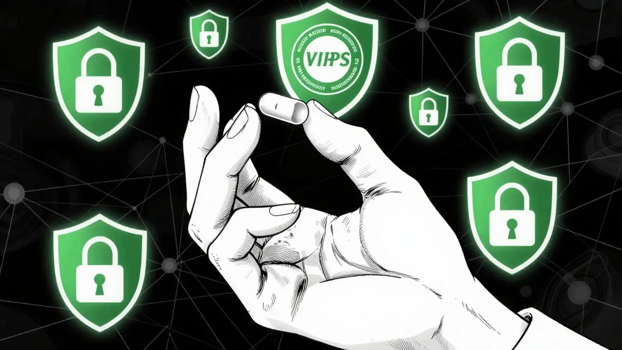 Hand holding pill with digital security shields in manga art style
