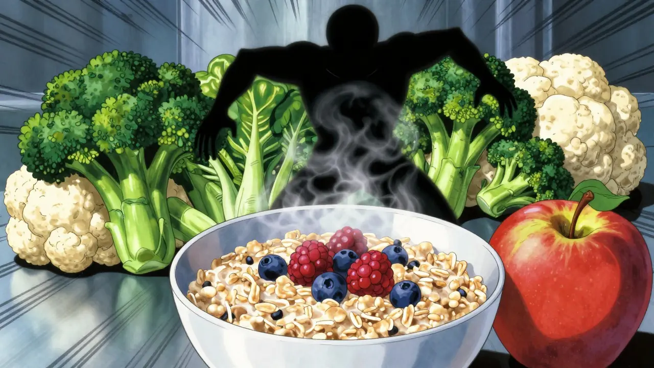 Healthy whole foods like oats and apples blocking processed food in manga art