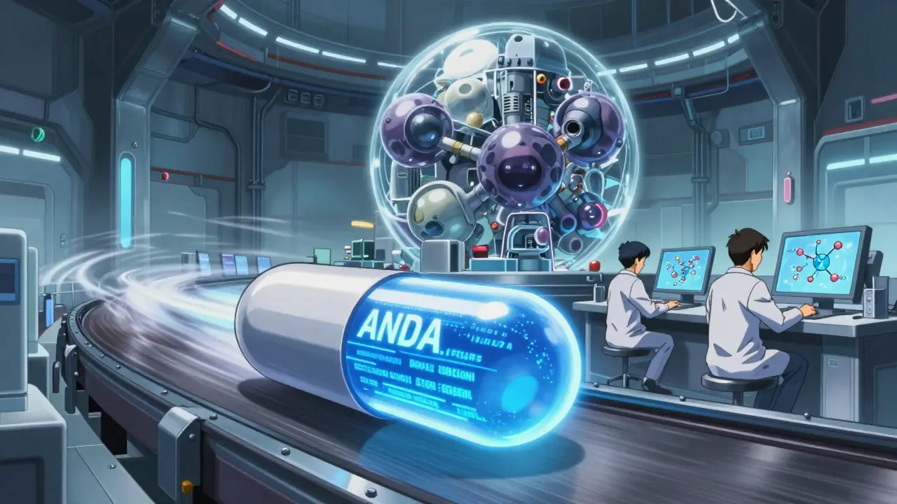 Katsuhiro Otomo style illustration of generic drug production via ANDA pathway, contrasting with complex brand-name molecules.