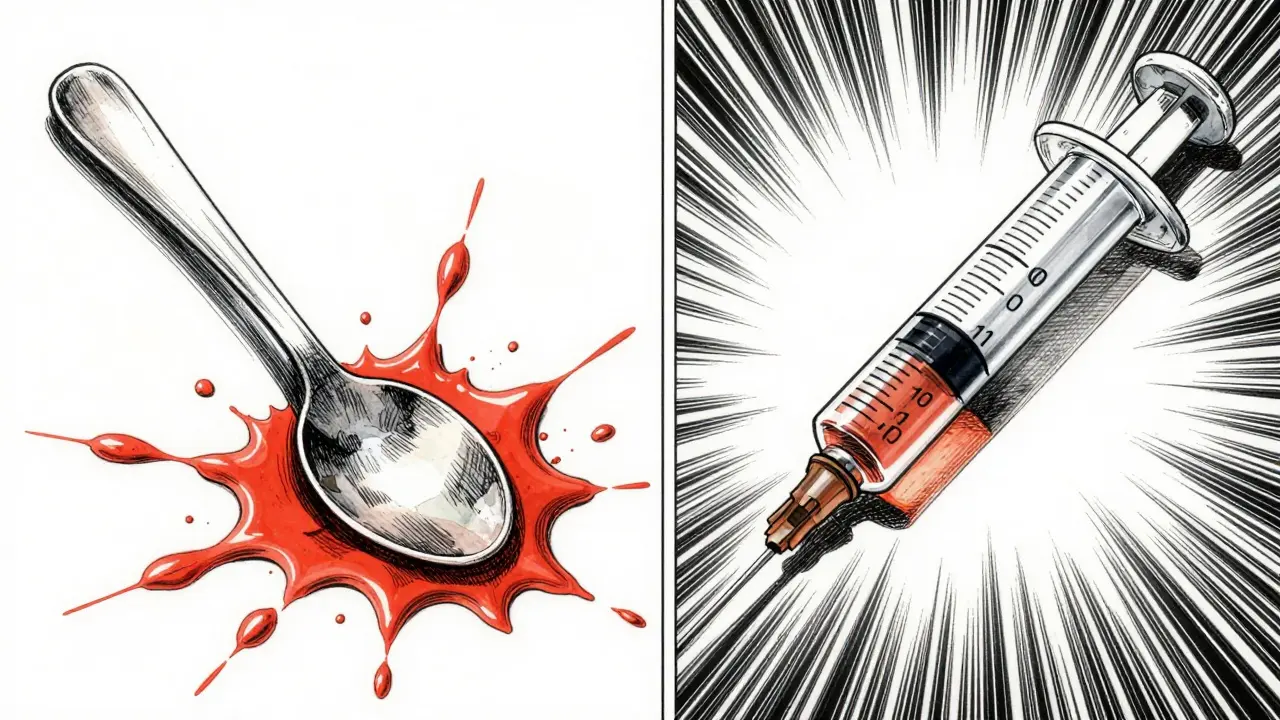 Manga style comparison of inaccurate kitchen spoon vs precise medical syringe