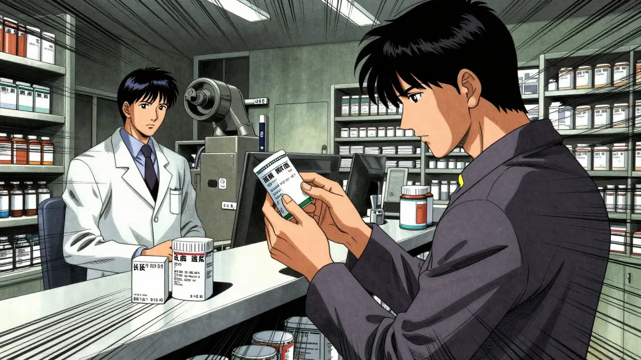 Patient verifying prescription label at pharmacy counter in manga style