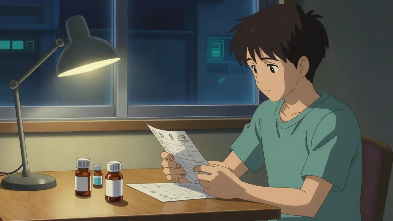 Person reviewing meds at home table in Katsuhiro Otomo art style