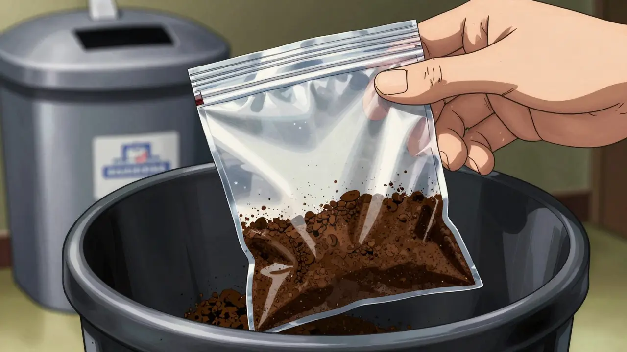 Sealed bag of expired meds and coffee grounds being discarded