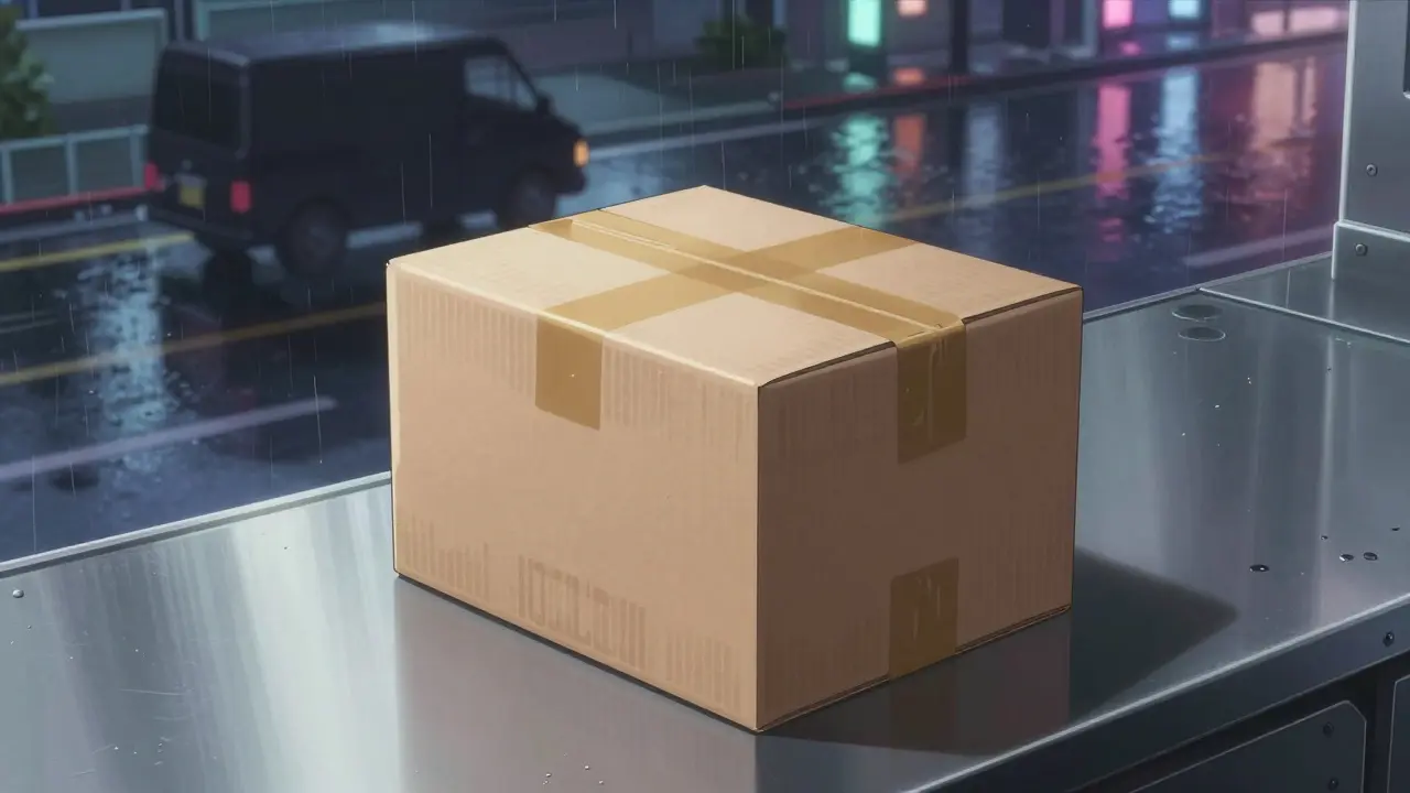 Secure medication delivery package on table in cyberpunk anime style