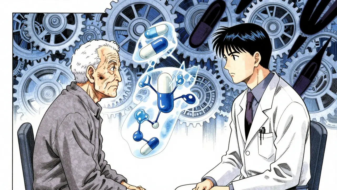 Stylized medical scene showing risks of sleep meds
