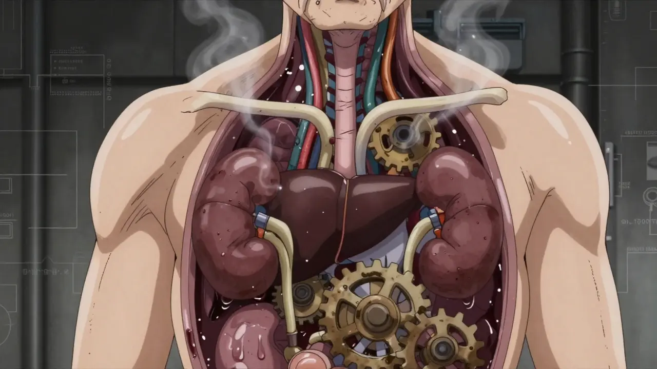 Translucent body showing slow-moving liver and kidney gears with drug buildup