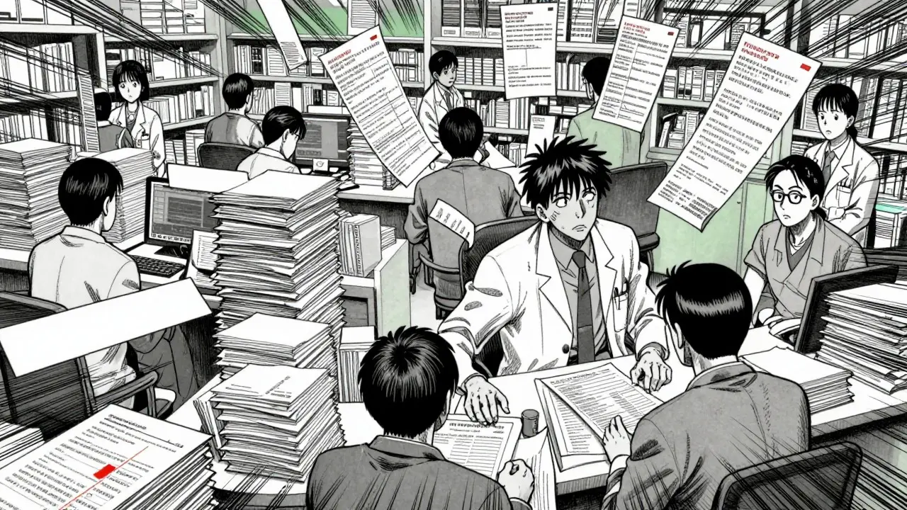 Chaotic manga scene of overwhelmed pharmacists buried in paperwork and patient queues.