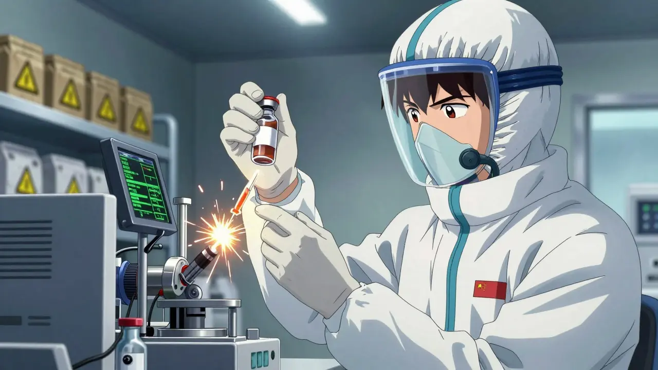 Close-up of inspector analyzing a drug vial with glowing tech in a sterile lab.