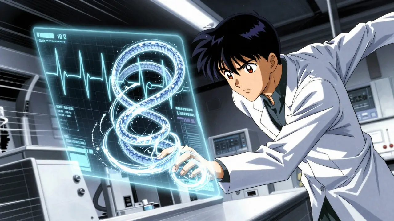 Doctor analyzing a twisting, chaotic ECG waveform in a futuristic lab setting.