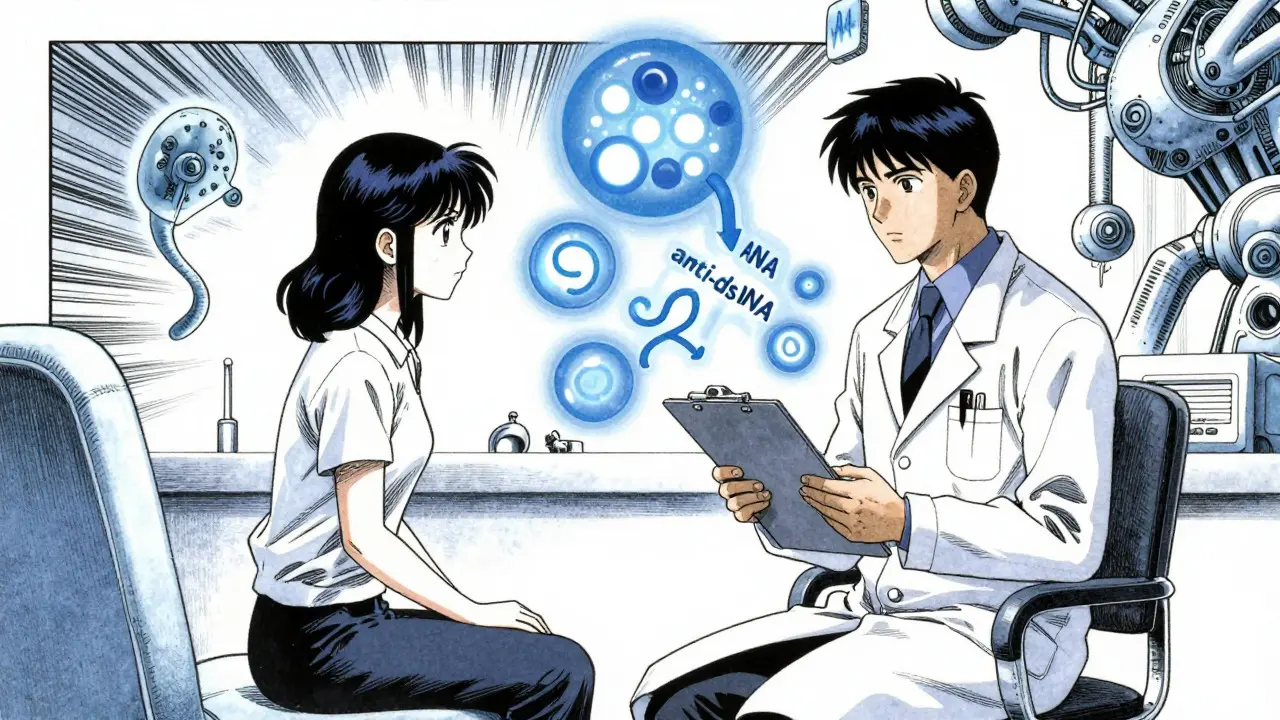 Doctor explaining lupus diagnosis with floating antibody symbols