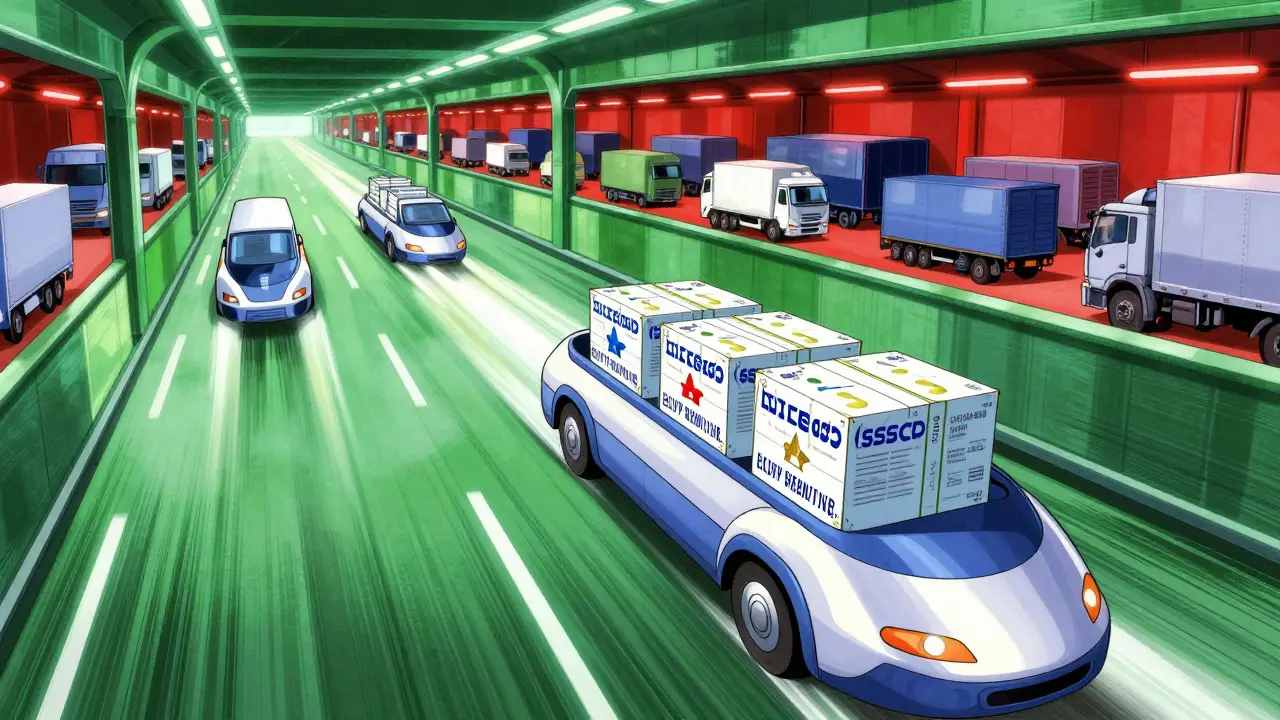 Fast-moving approved shipments passing through a green-lit secure supply chain lane.