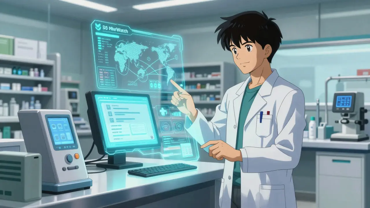 Futuristic Otomo-style illustration of seamless digital drug safety reporting systems.