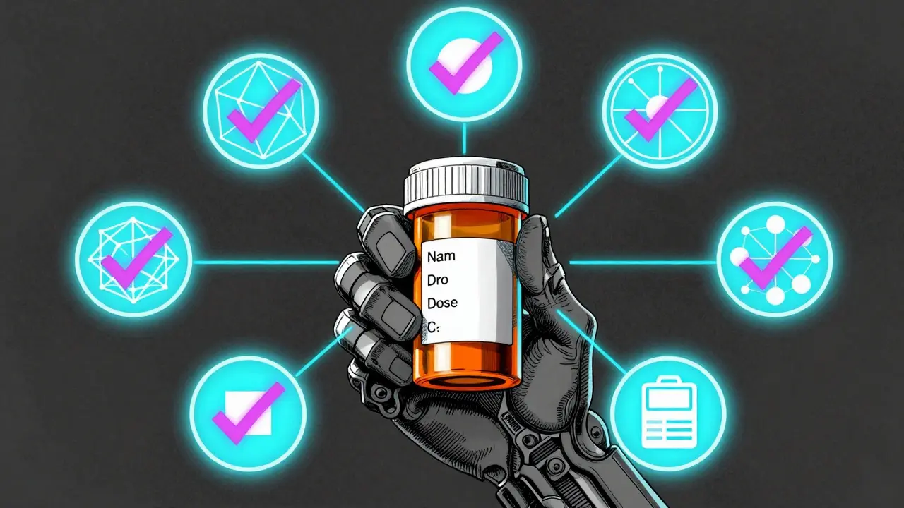 Glowing checklist icons surrounding a pill bottle in manga art