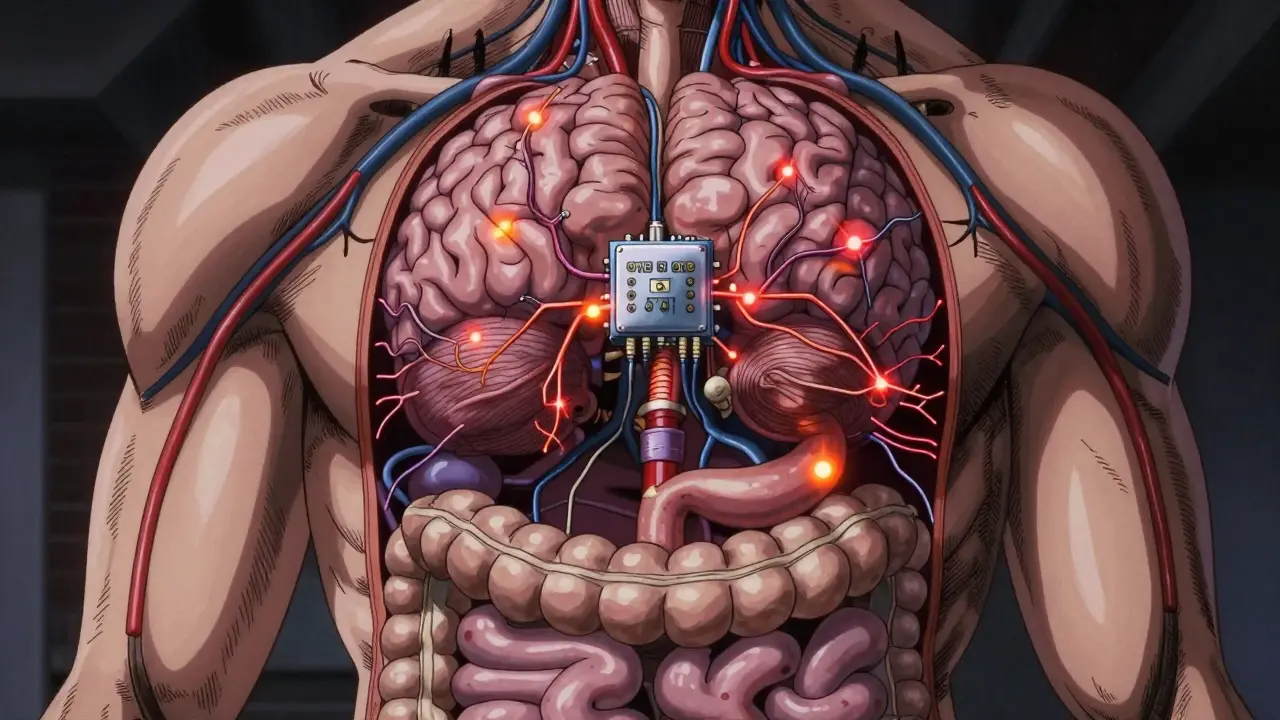 Glowing nerves connecting gut to brain showing stress trigger in anime style