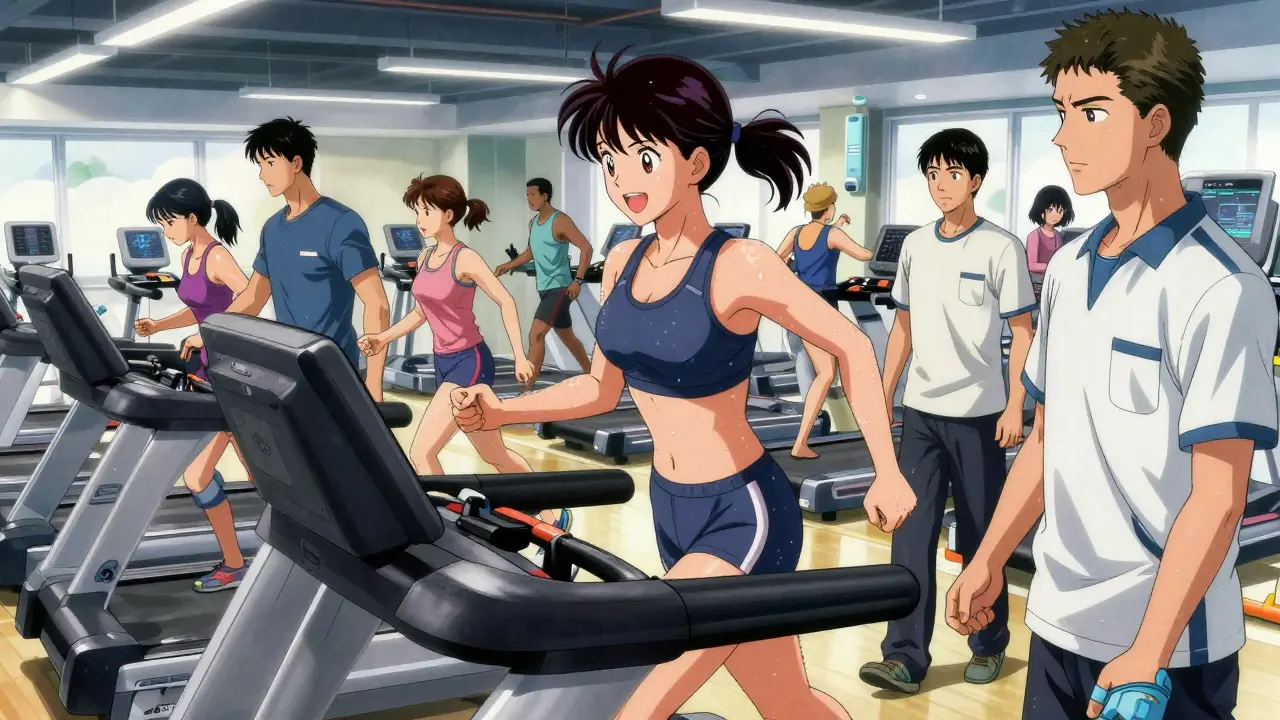 Group of patients exercising safely in supervised cardiac rehabilitation