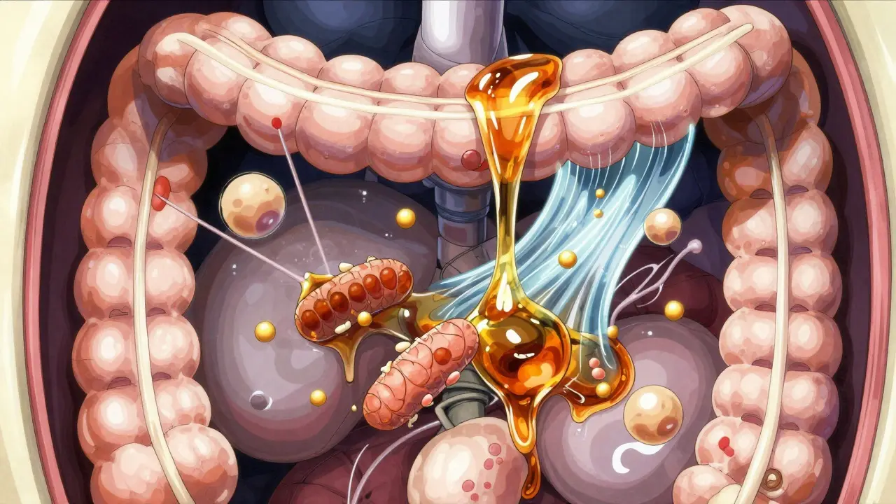 Illustration of lactulose flushing toxins from the colon in manga style