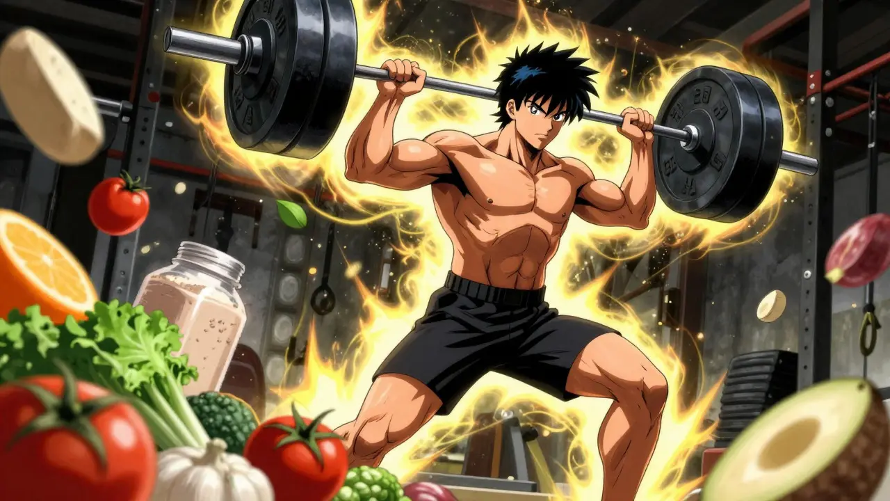 Lifting weights with energy aura in Otomo manga style