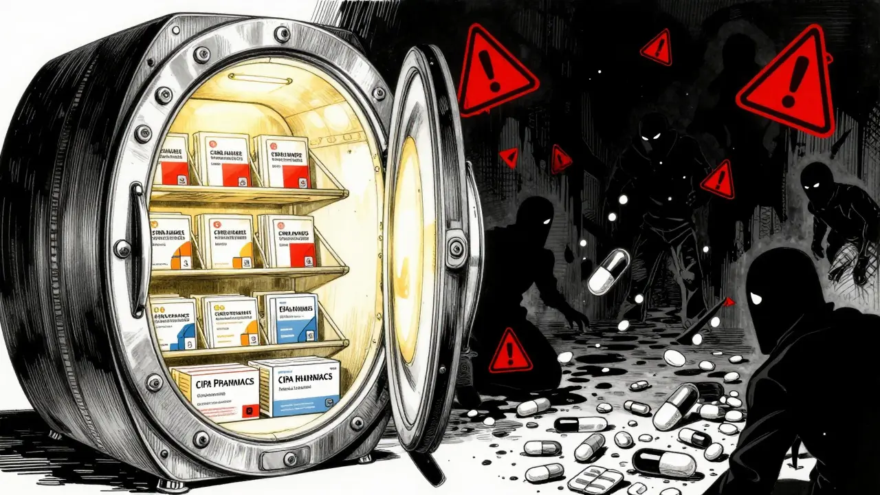 Manga art contrasting safe certified pharmacy vault with dangerous scam shadows