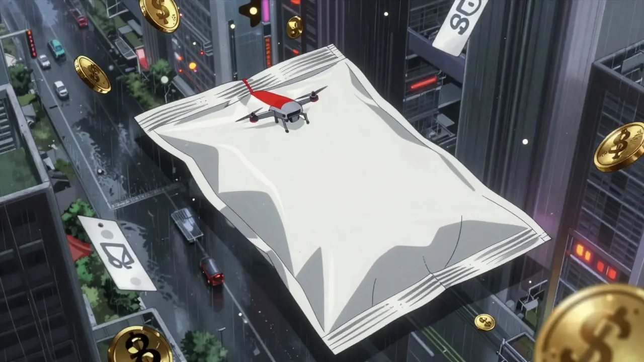 Medicine package delivered by drone in a rainy futuristic city with digital savings effects.