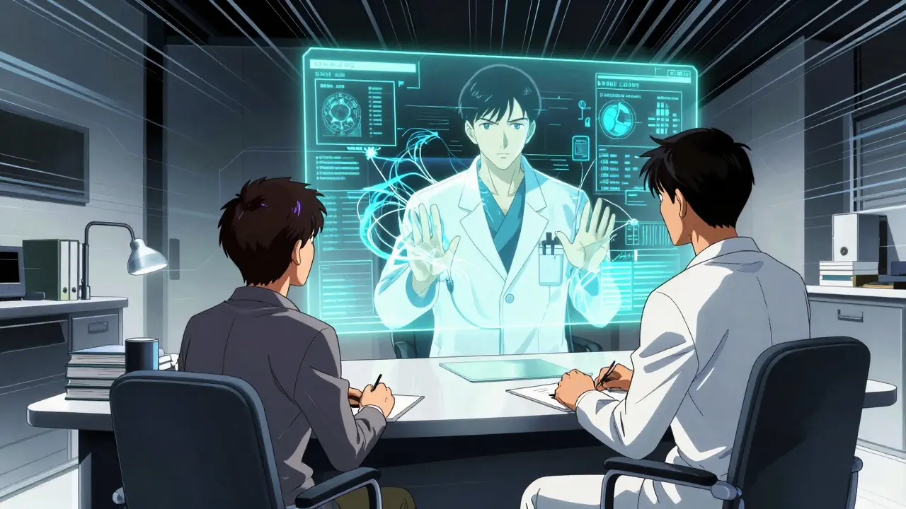 Otomo style holographic doctor consulting patient via telehealth interface