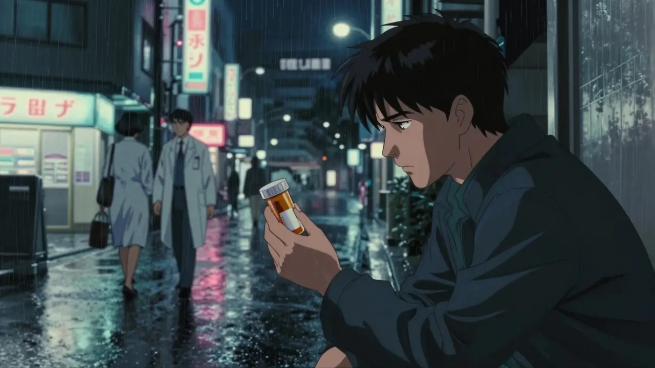 Patient contemplating medication choices on a rainy cyberpunk city street