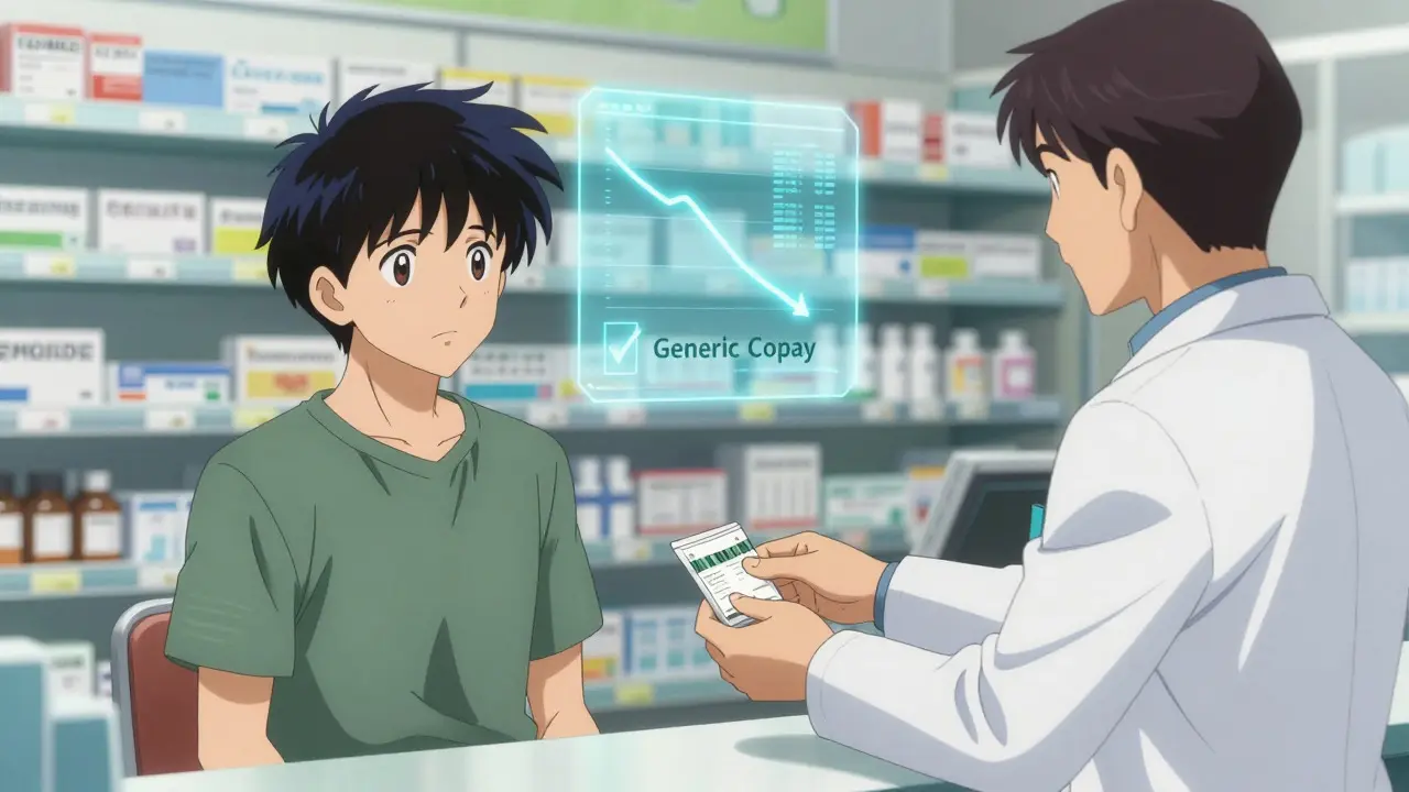 Patient receiving medication at pharmacy with holographic display of cost savings