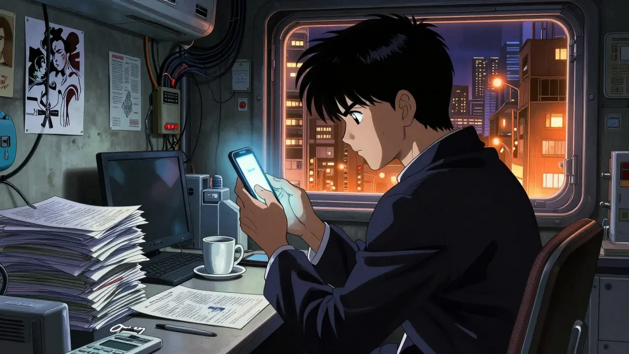 Person checking online pharmacy on smartphone in a futuristic room