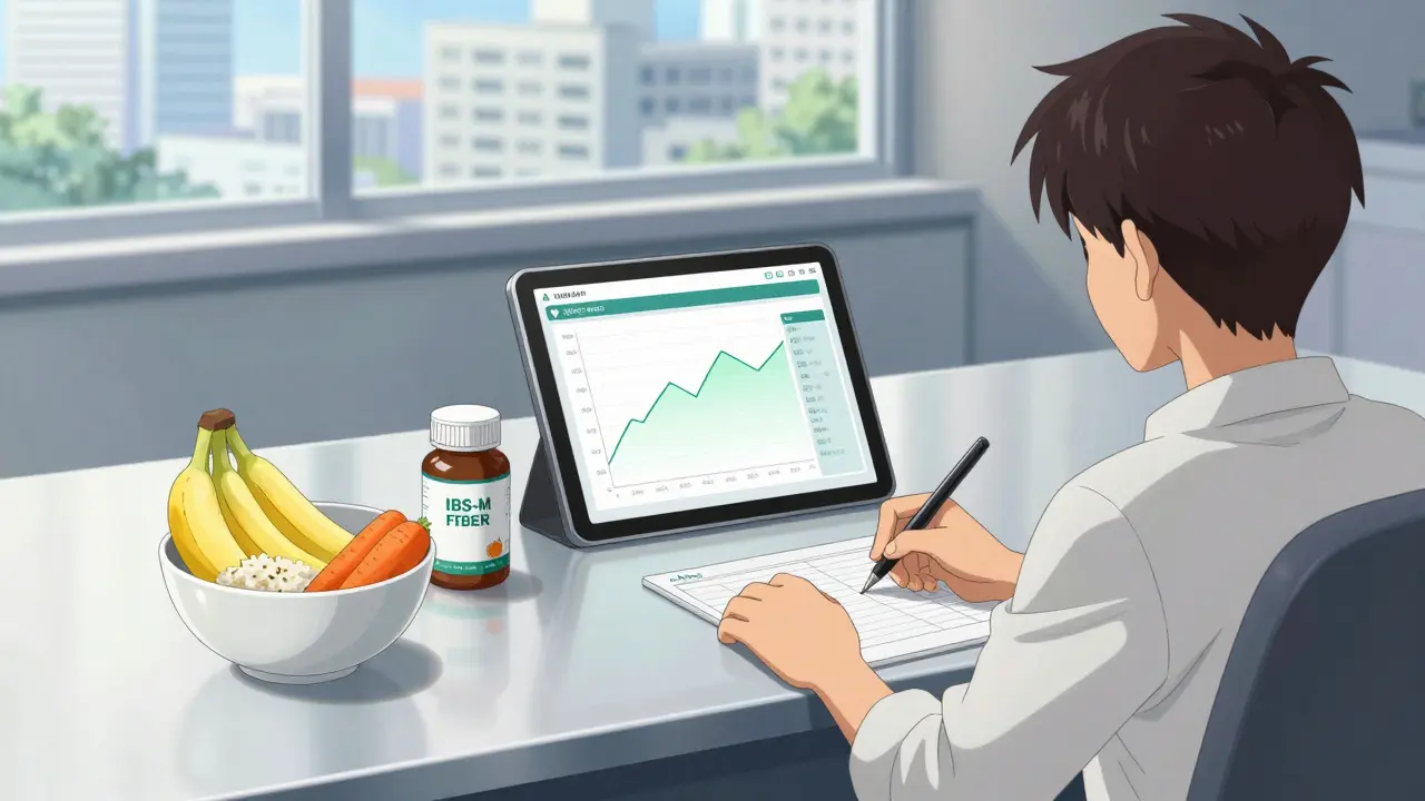Person managing IBS with diet, fiber, and symptom tracker on a desk
