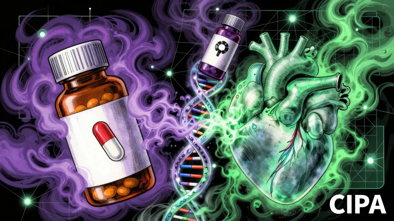Pills emitting vapor onto a DNA helix and heart, symbolizing drug interaction risks.