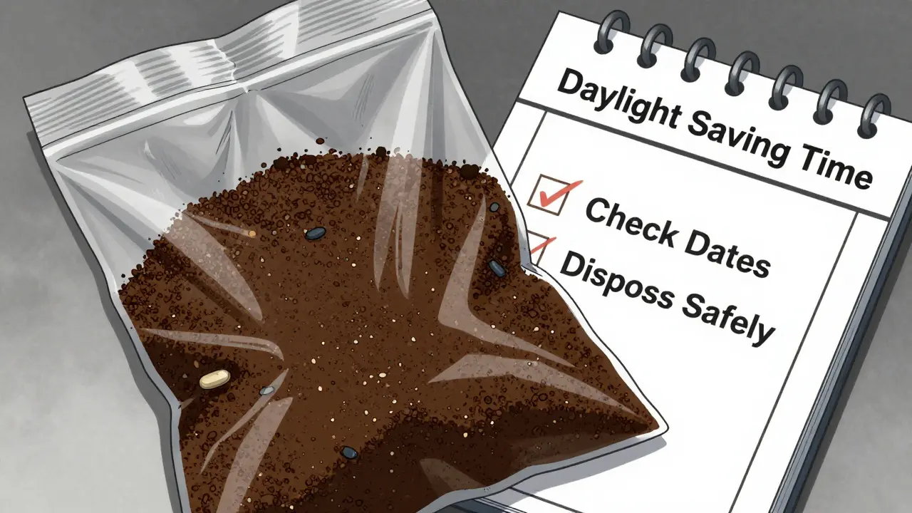 Sealed bag of coffee grounds and pills for safe disposal