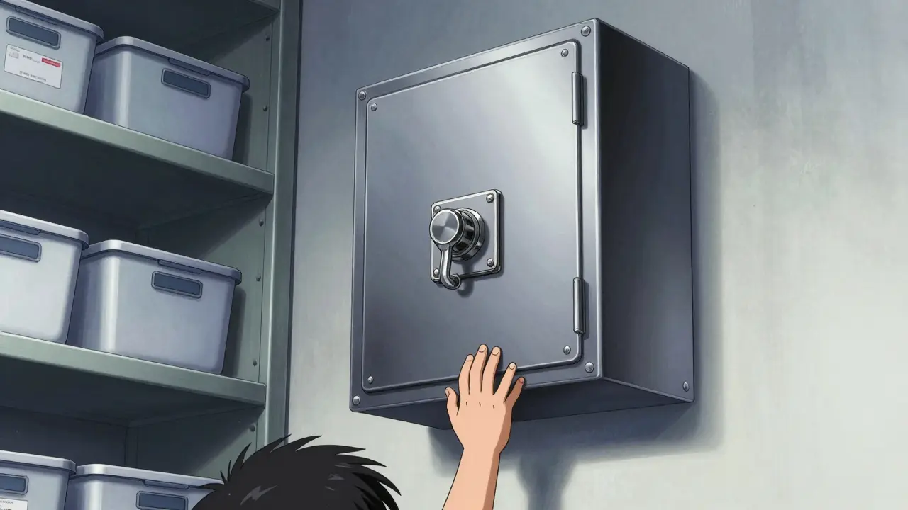 Secure lockbox with organized meds in a cool, dry closet