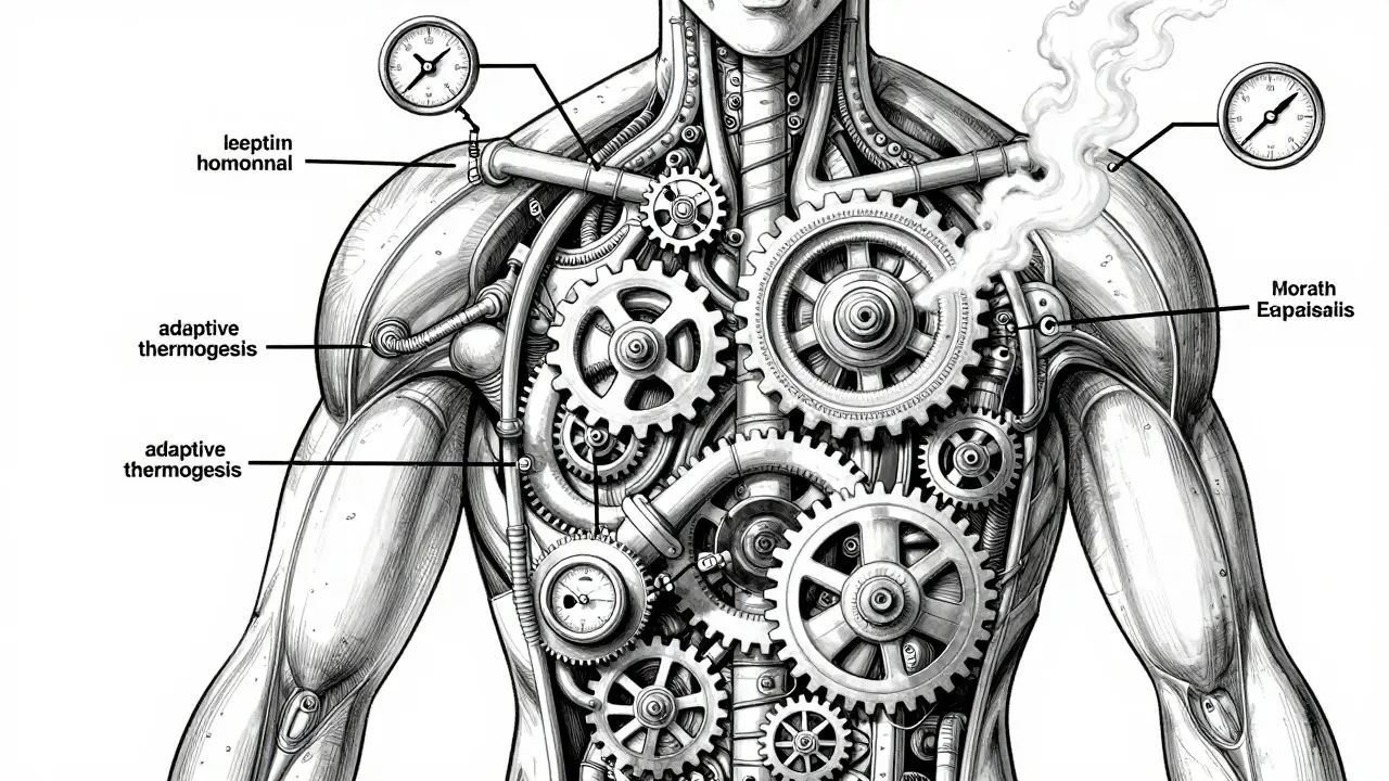Steampunk body metaphor showing slowing metabolism gears