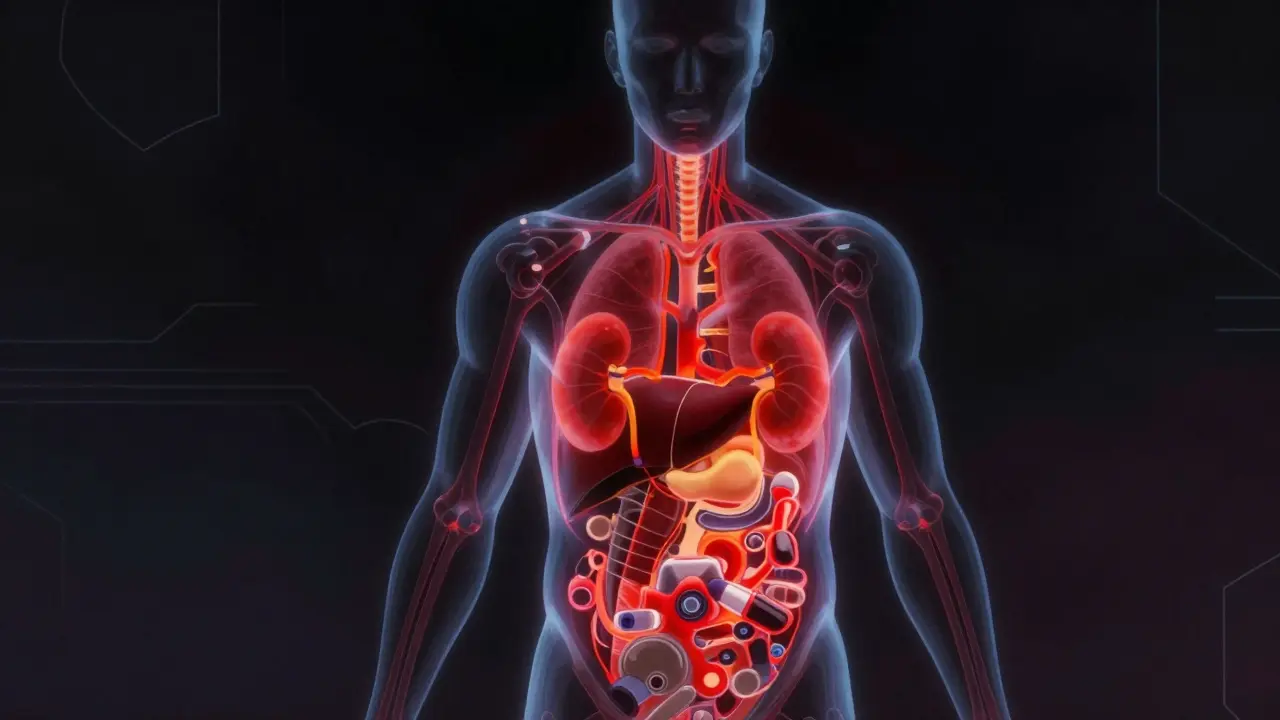 Stylized human figure highlighting liver and kidney function