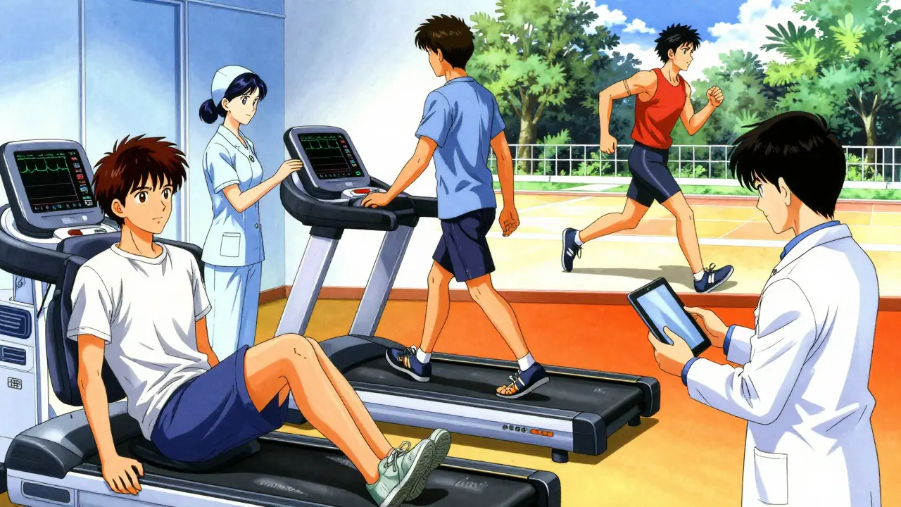 Three stages of cardiac rehab: seated exercise, monitored walking, jogging