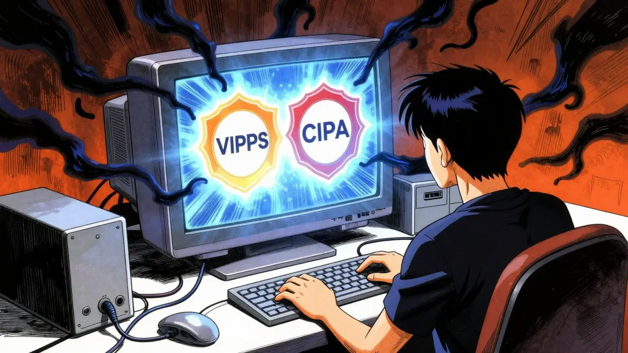 User verifying pharmacy seals on a monitor while fending off shadowy scam threats.