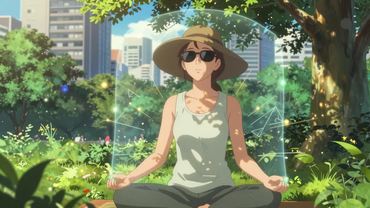 Woman wearing sun protection meditating in a sunny park
