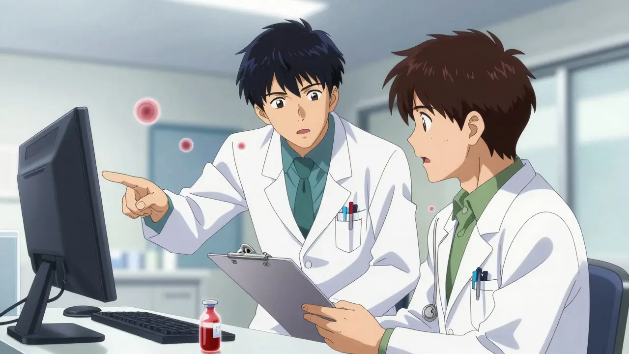 Anime scene of a doctor discussing urgent diagnostics with an anxious patient in a clinic