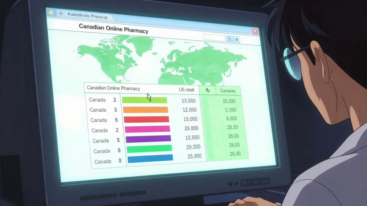 Close-up of a computer screen comparing international drug prices