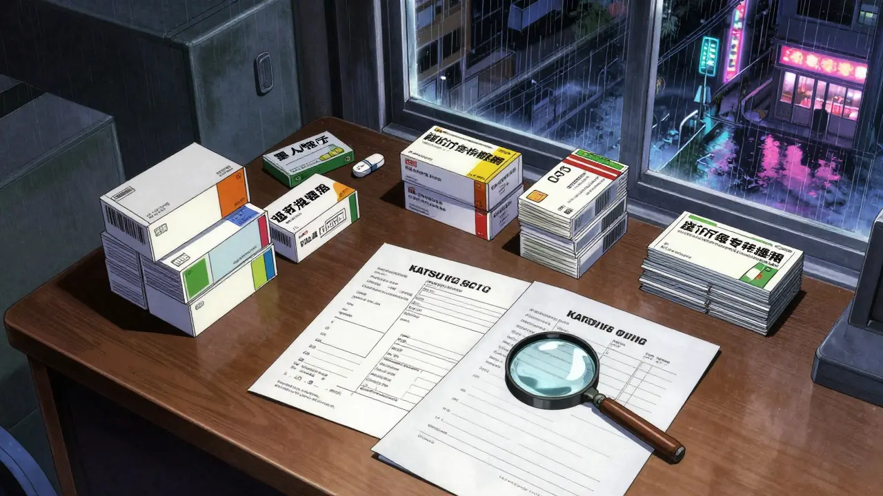 Cluttered desk with medication boxes and documents under neon city lights in Otomo style