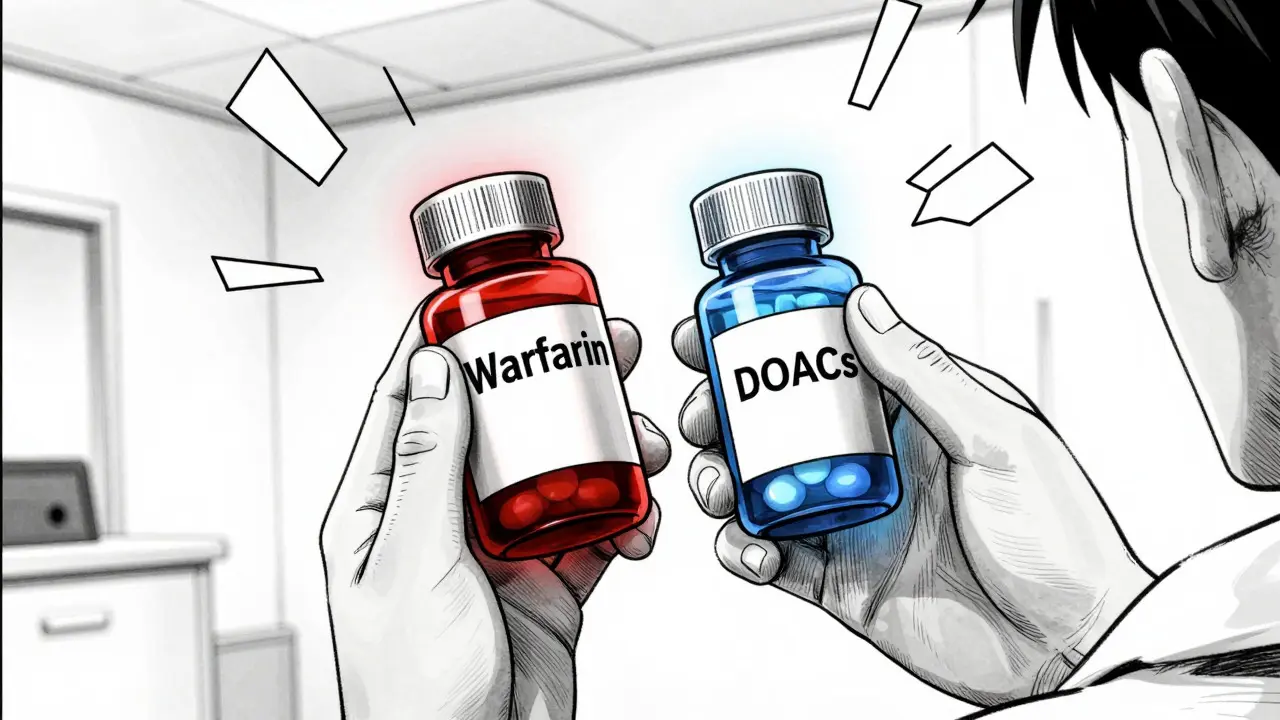 Doctor's hands comparing two pill bottles with glowing effects, symbolizing medication choice
