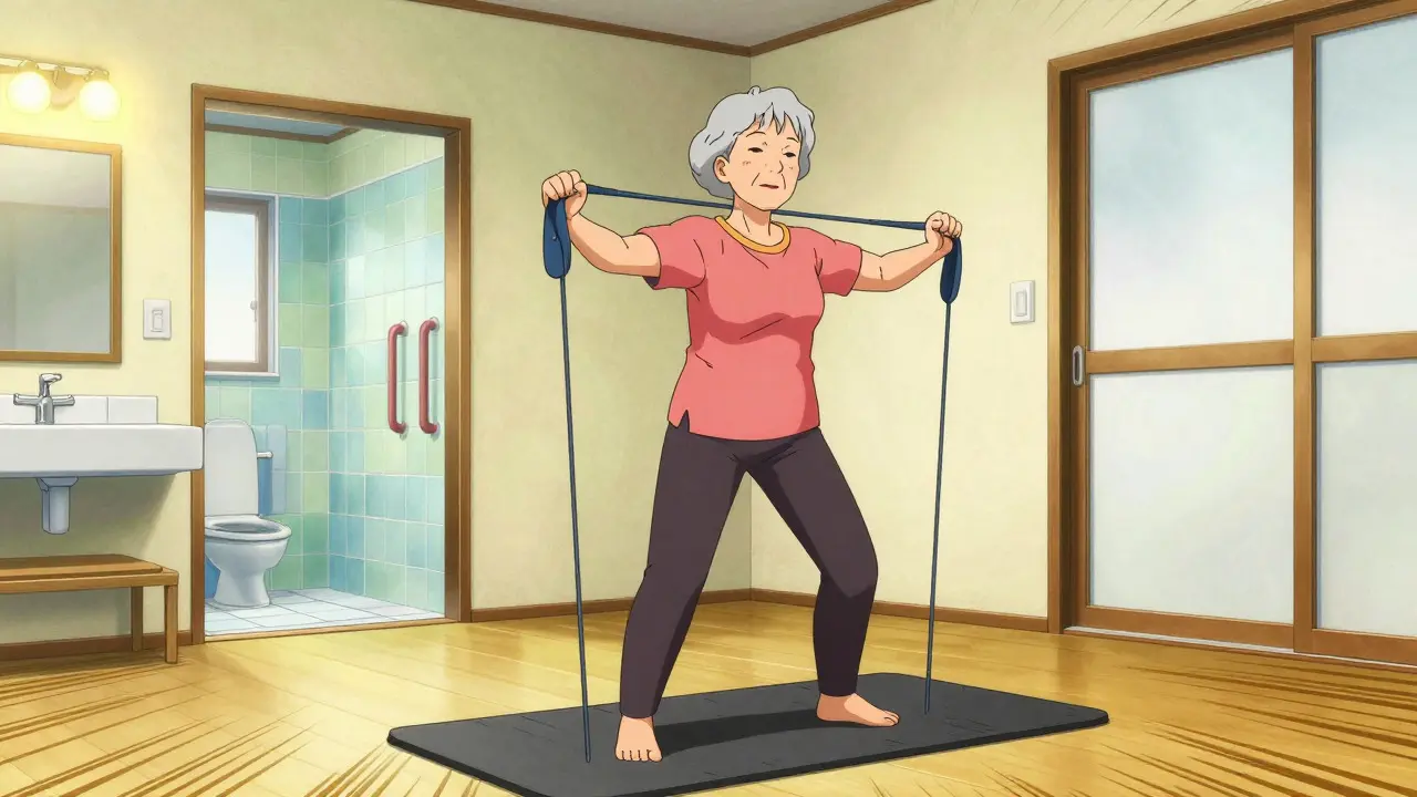 Elderly woman doing strength training in a bright, safe home with non-slip flooring
