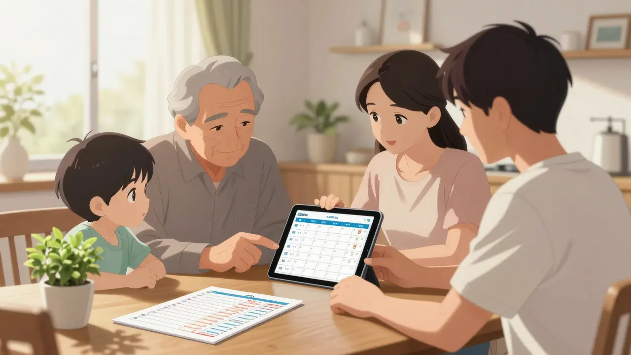 Family reviewing shared medication schedule on tablet at dining table in anime style