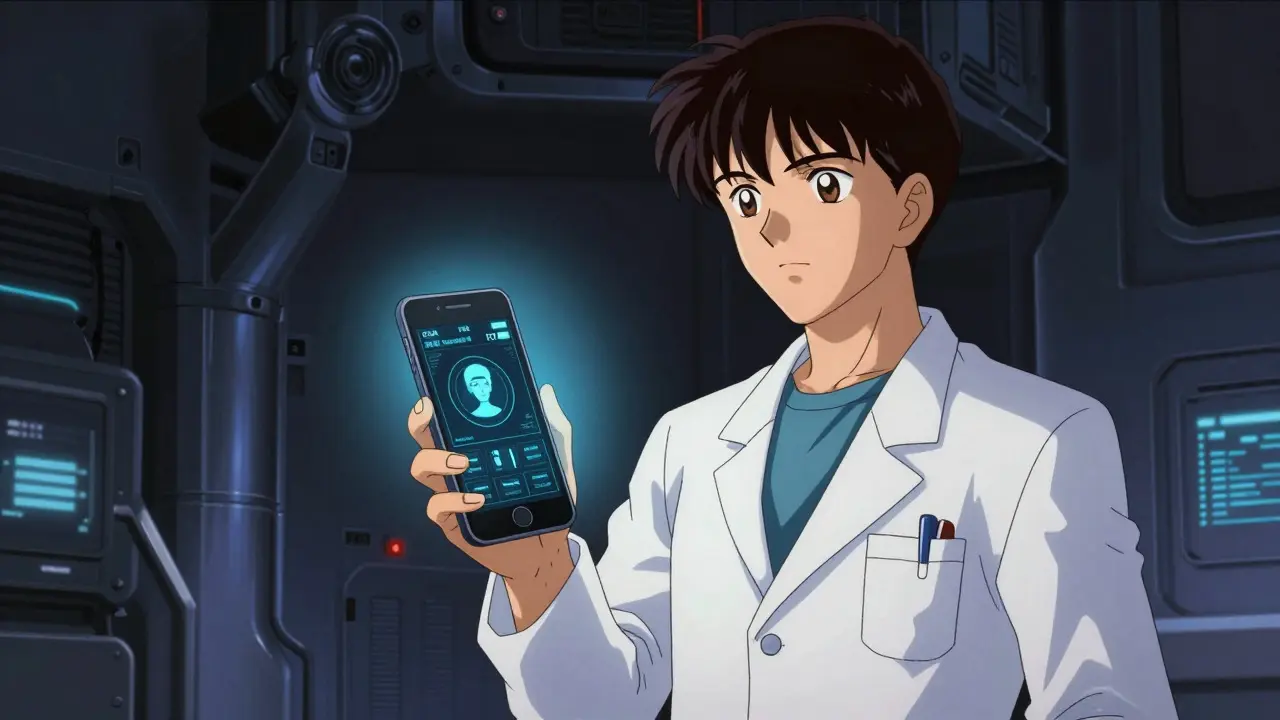 Futuristic doctor using smartphone for patient monitoring in anime style.
