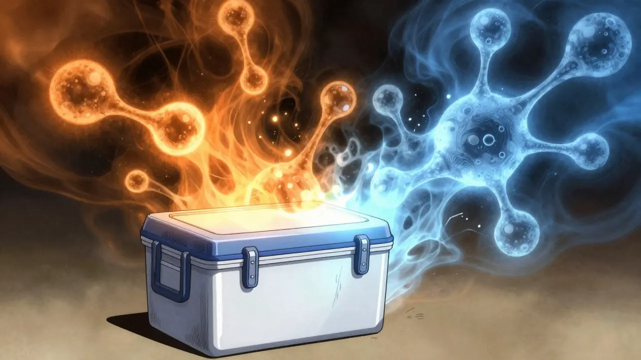 Futuristic medical cooler emitting blue and orange energy fields representing temperature zones
